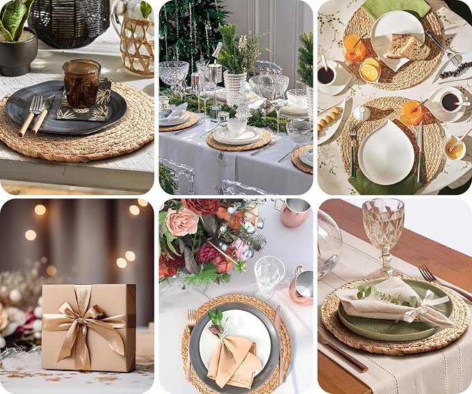 Aofmee 13.8 inch Round Woven Placemats Set of 6, Boho Rattan Place Mats, Natural Water Hyacinth Table Placemats, Farmhouse Weave Table Mats, Rustic Braided Wicker Charger Plates for Dining Table Decor