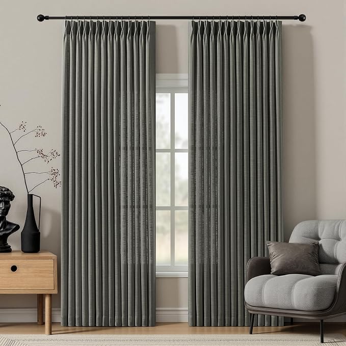 84 Inch Linen Pinch Pleated Sheer Light Filtering Curtains for Living Room | Semi Sheer, Farmhouse, Semi Sheer, Pinch Pleat, Linen Blend, Hook Ring, Memory Shape, W40xL84, 2 Panels, Charcoal Grey