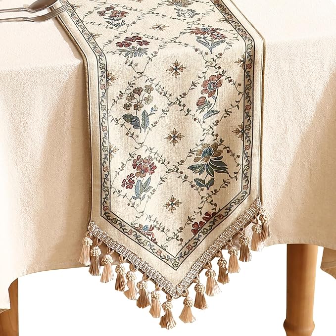 Patdrea Designer French Elegant Linen Table Runner,12"X71"-Audrey A | Vintage Tablerunner 71 Inches Long,Floral Pattern with Tassel Edge,Decorative Runner for Dining Room Living Room