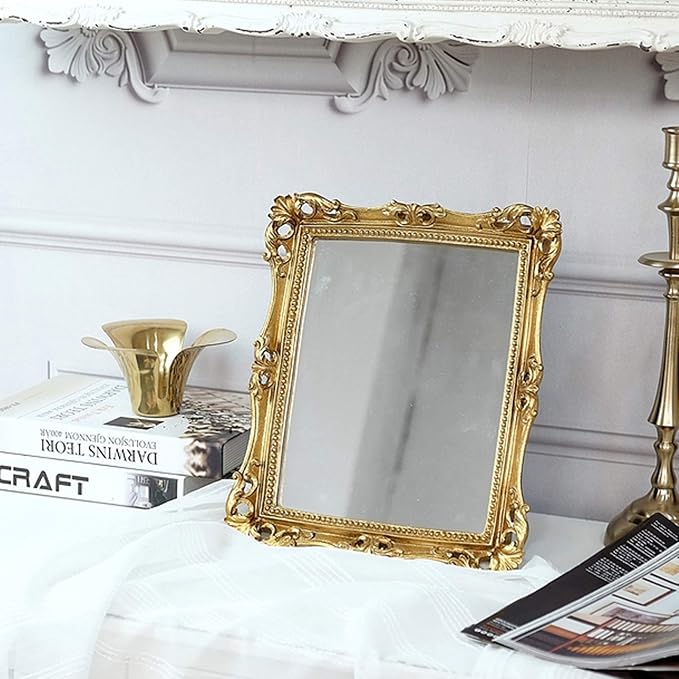 Funerom Vintage 11 x 9.5 inch Decorative Mirror, Wall Mounted & Tabletop Makeup Mirror ，Square Antique Gold | Wall Mounted & Tabletop Makeup Mirror