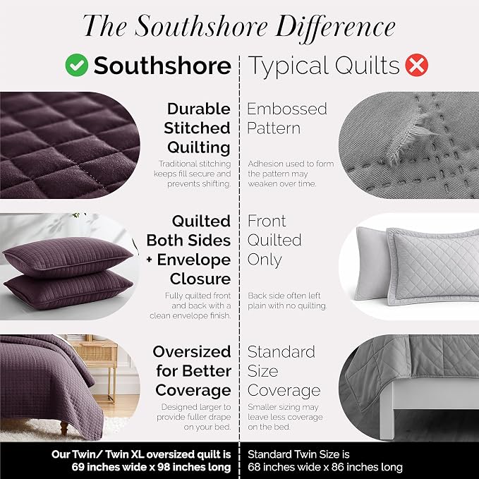 Southshore Fine Living, Inc. Twin XL Quilt Set, Dorm Bedding Essentials, Stain Resistant, Machine Washable Purple Bed Spread, Twin XL Quilt Bedspread Set with Matching Pillow Sham, Purple Quilts