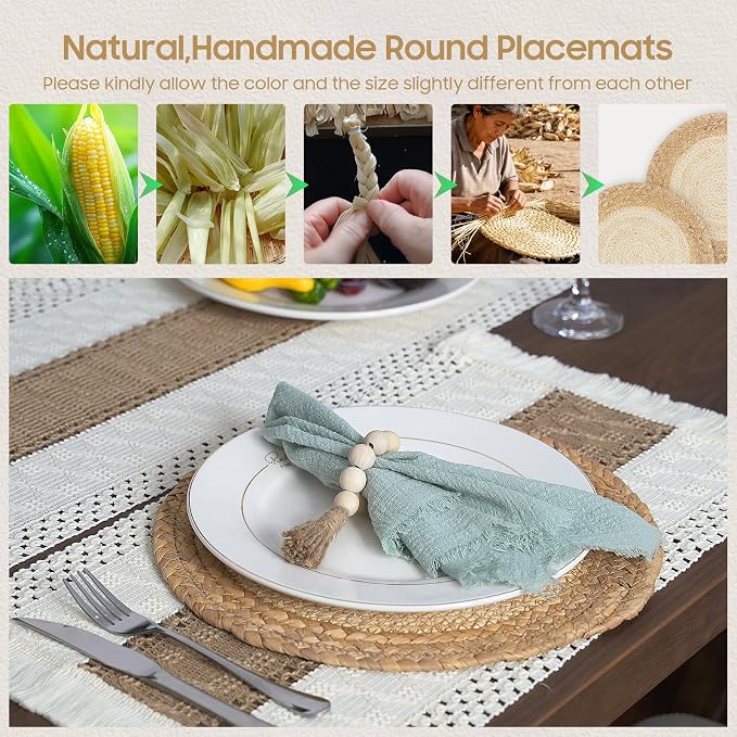 Placemats Set of 6 w/Charger Plates Table Mats Table Runner & Napkin Rings | All in One Placemats,Boho Farmhouse Style Heat-Resistant Non-Slip Protective Round Woven Placemats for Dining Table Décor