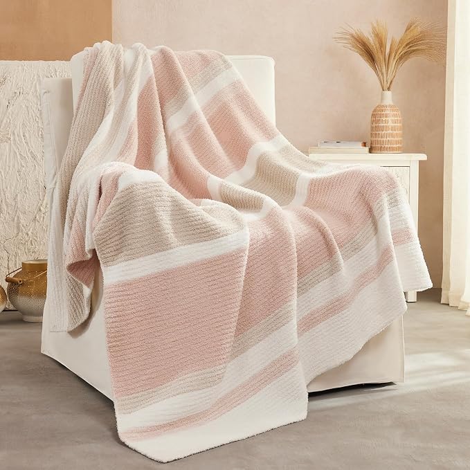 Soft Striped Throw Blanket for Couch, Cozy Warm Knitted Blankets | Lightweight Fuzzy Travel Warm Decor for Women, Mom, Girls, Sofa, Chair, 50x60in, Pink Khaki