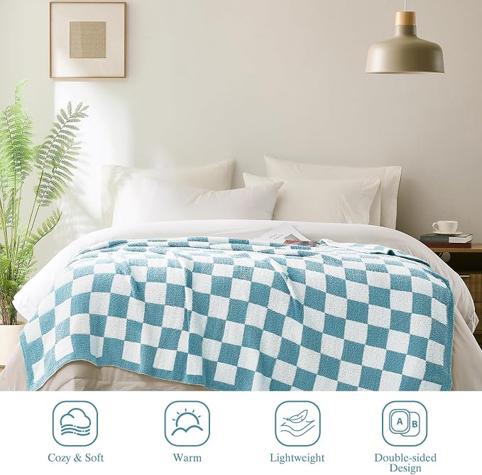 Checkered Throw Blanket for Couch, Soft Cozy Warm Knitted Blankets | Lightweight Fuzzy Travel Warm Decor for Women, Mom, Girls, Sofa, Chair, 50x70in, Light Blue