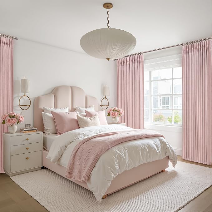 Pretty Light Pink Semi Sheer Curtains 96 Inches Long for Living Room 2 Panels Set, Memory Shaped Pinch Pleated 8 FT Faux Linen Light-Filtering Nursery Curtain Back Tab Elegent Window Drapes W40 x L96
