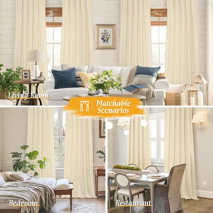 Beige Semi Sheer Linen Curtains 84 inches for Living Room 2 Panels | Light Filtering, Neutral, Privacy Protected, Linen Textured, Soft, Drapes for Bedroom, Farmhouse, Rod Pocket, 52 x 84 Inch
