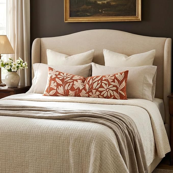 BlissBlush Long Lumbar Pillow Cover 14x36 for Bed, Rust Terracotta Floral Tufted Velvet Accent Oversize Throw Pillowcase for Bedroom, Cover Only