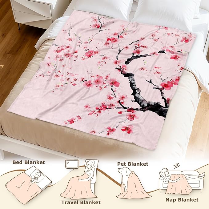 Aimego Cherry Blossom Blanket Gifts for Girls Women Floral Sakura Flowers Pink Blankets for Kids Japanese Cherry Blossom Throw Blankets for Sofa Living Room Bedroom(50X60 Inch)