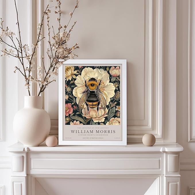 Poster Master William Morris Poster - Bumble Bee Print - Flower Art - Botanical Art - Exhibition Illustration - Animal Illustration - Floral Painting - Bee Artwork - Aesthetic Office or Bedroom Decor - 8x10 White Framed