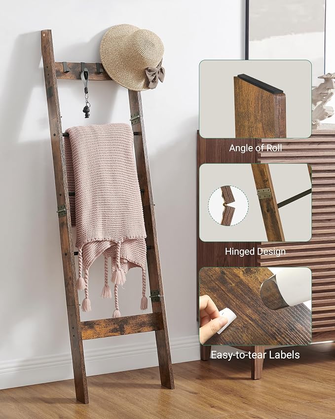 Hzuaneri Blanket Ladder Decorative Quilt Rack with 4 Removable Hooks | 5-Tier Farmhouse Ladder Holder Shelf Organizer for Living Room Bedroom, Rustic Brown 02101BBR