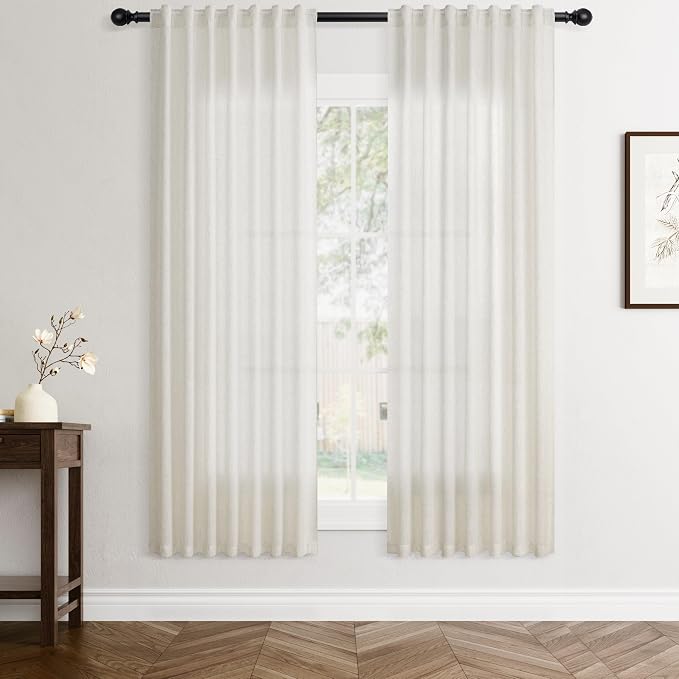 Jowels Natural Linen Curtains 62 Inch Long 2 Panels for Living Room | Ivory Light Filtering Sheer Curtain,Back Tab Pocket Pleated Look,Modern Farmhouse Textured Privacy Drapes for Bedroom Window