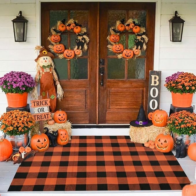 SEEKSEE Buffalo Plaid Rug 4' x 6' Orange and Black Large Front Door Mat, Layering Area Rug, Halloween Rug for Outdoor Patio Entryway Indoor Living Room Kitchen Dining Room Decor