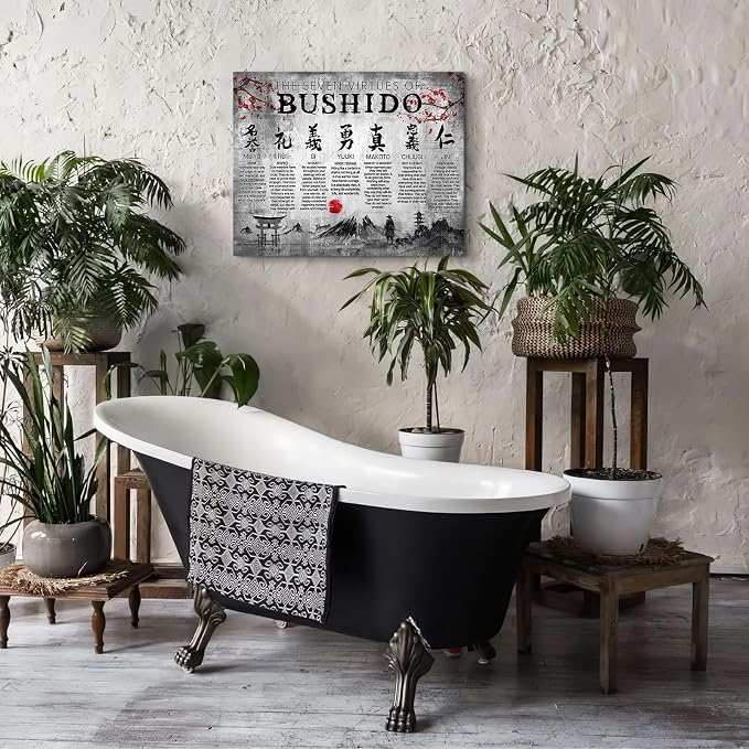 Japanese Samurai Wall Art 7 Virtues Bushido Inspirational Pictures Wall Decor Japanese Warrior Canvas Prints Framed Modern Painting Artwork For Bedroom Office Living Room Bathroom Dining Room 12x16