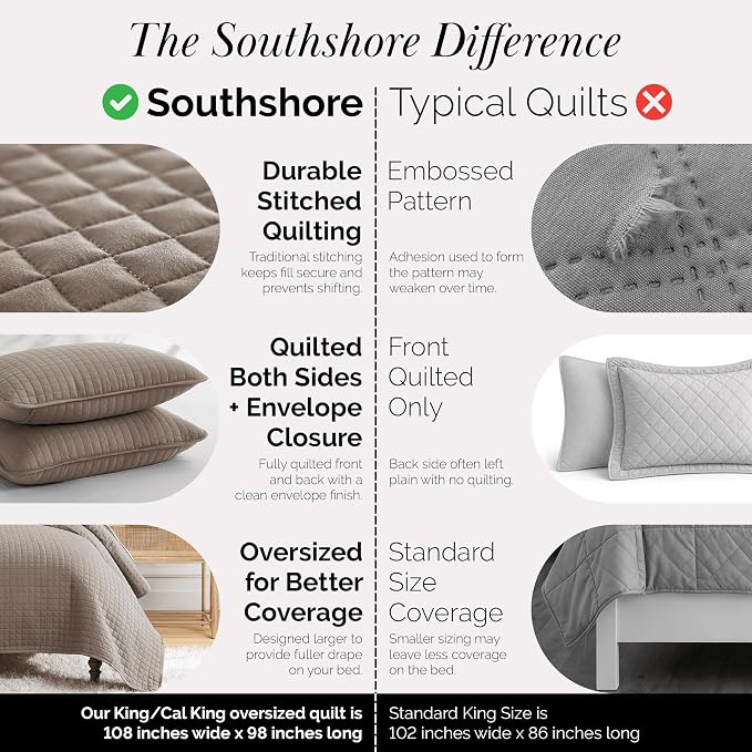 Southshore Fine Living, Inc. Oversized Quilt, King Size Bedding Set, Soft Microfiber, Easy Care Stain and Pet Hair Resistant Bedding, California/King Size Quilt Bedspread Set w/2 Shams, Dark Taupe