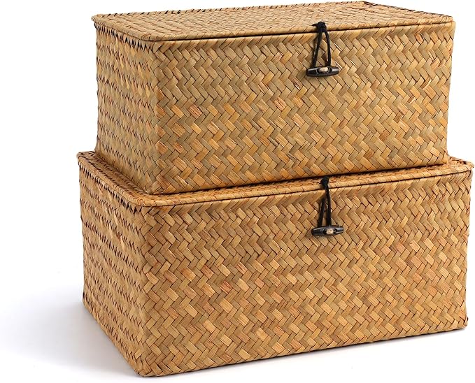 Nonam Wicker Storage Basket with Lid,Seagrass Shelf Basket Set of 2,Natural | Wicker Basket Container for Organizing, Boho Decorative Basket, Rectangular Household Storage Boxes for Home Organization