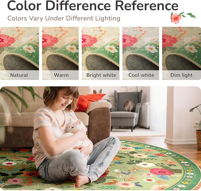 Washable Floral Area Rug for Living Room 4x6 Light Green | Non-Slip，Vacuum-Friendly, Low Pile, Flower Carpet for Bedroom Kitchen Entryway Dining Room Office Nursery