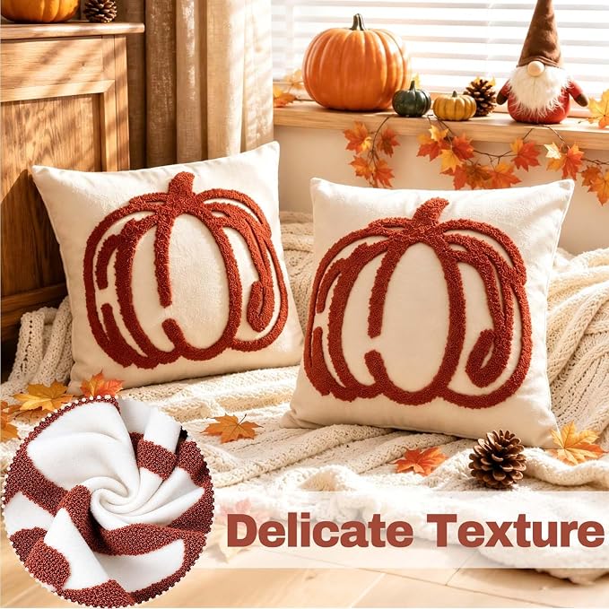 ONFAON Embroidered Fall Pumpkin Pillow Covers 18x18 Inch Set of 2 | Autumn Decor Throw Pillow Cover, Halloween Farmhouse Home Decor Throw Cushion Cases for Living Room Couch Sofa Bed