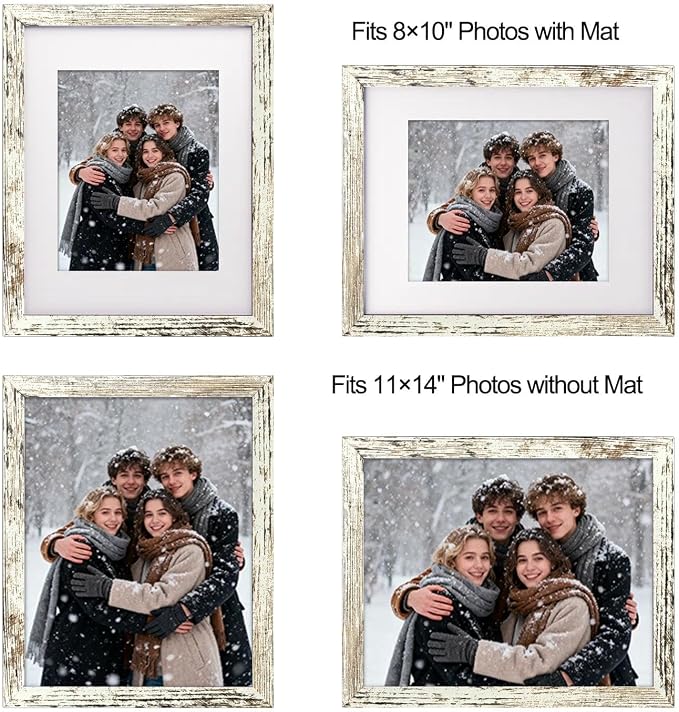 11x14 Picture Frame-Vintage White,8x10 Mat,Tempered Glass,Engineered Wood