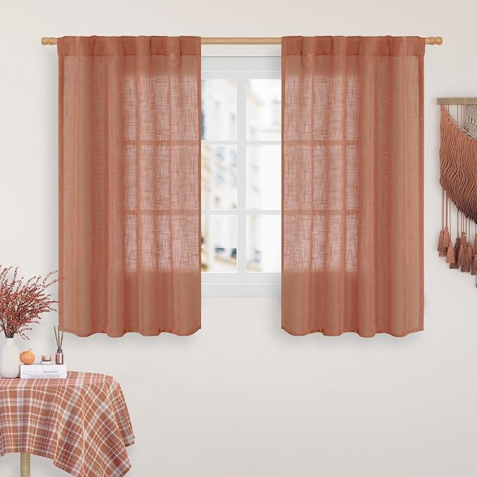 54 Inch Semi Sheer Window Linen Curtains, Light Filtering Panels | Faux Linen Textured,Neutral Curtains for Bedroom, Living Room, Rod Pocket Back Tab, Terracotta, 2 Panels, 34 x 54 Inch