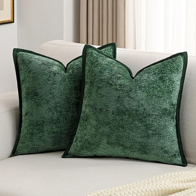 FUTEI Pack of 2 Chenille Soft Throw Pillow Covers 24x24 Inch, Dark Green