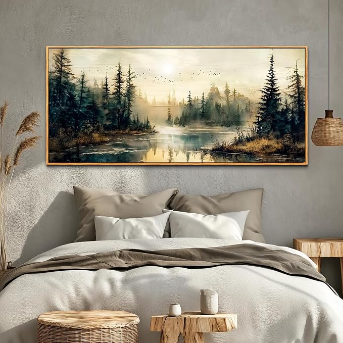 FUHAIHUA Wood Framed Large Wall Decor For Living Room Canvas Wall Art For Office Farmhouse Wall Decorations For Bedroom Forest River Landscape Paintings Modern Pictures Artwork Room Home Decor 32x72 In