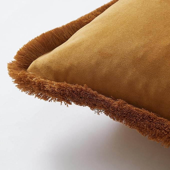JUSPURBET Mustard Yellow Velvet Throw Pillow Covers 16x16 Inch Set of 2 with Soft Tassel Fringe Luxury Boho Pillowcase for Sofa Couch Bed Home Decor Machine Washable