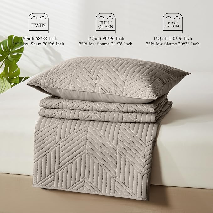 Davulos King/Cal King Quilt Set in Taupe, Soft Reversible Microfiber Bedspread for All-Season Use in Bedroom or Dorm, Lightweight Modern Geometric Coverlet (1 Quilt, 2 Pillow Shams)