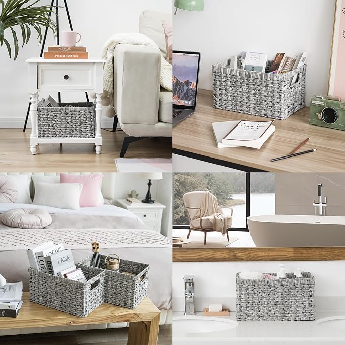 GRANNY SAYS Wicker Storage Baskets for Organizing, Basket Organizer, 2-Pack | Waterproof Wicker Baskets with Handles, Cabinet,Coffee Table,Gray Plastic Baskets for Shelves,Handwoven Bathroom Storage Bins
