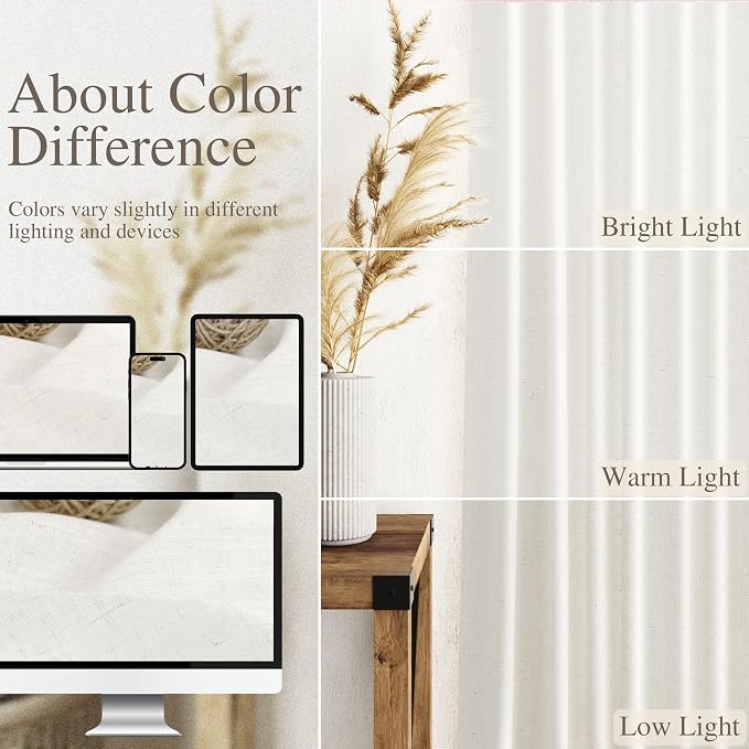 Neutral Linen Curtains 80 Inch Length for Living Room Light Filtering Semi Sheer Curtain Coastal Modern Farmhouse Decor Drapes for Bedroom Back Tab and Rod Pocket 52x80, 2 Panels
