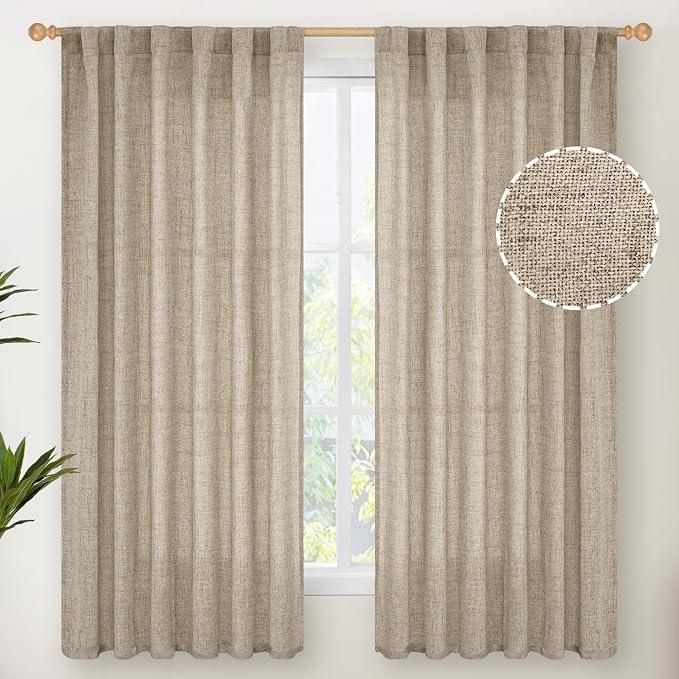 YoungsTex Dark Oatmeal Linen Curtains 63 Inches Long for Living Room Window | ,Semi Sheer Drapes Light Filtering with Rod Pocket Back Tab for Bedroom Farmhouse Rustic Privacy, 2 Panels, 52 X 63 Inch