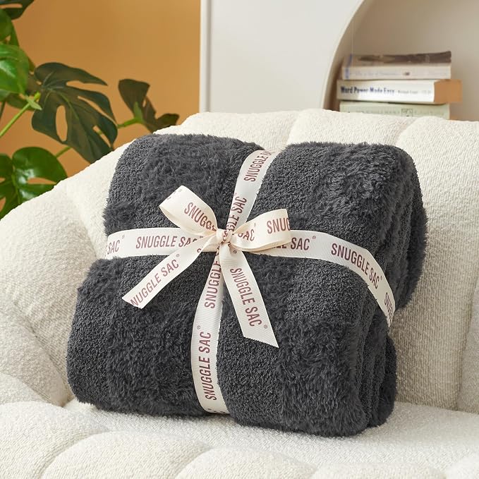 Snuggle Sac Faux Fur Throw Blanket for Couch, Knitted with Microfiber Fancy Yarn Blanket, Cozy Soft Warm Blankets for Sofa Bedroom Living Room,Solid Dark Grey,50x60 inches