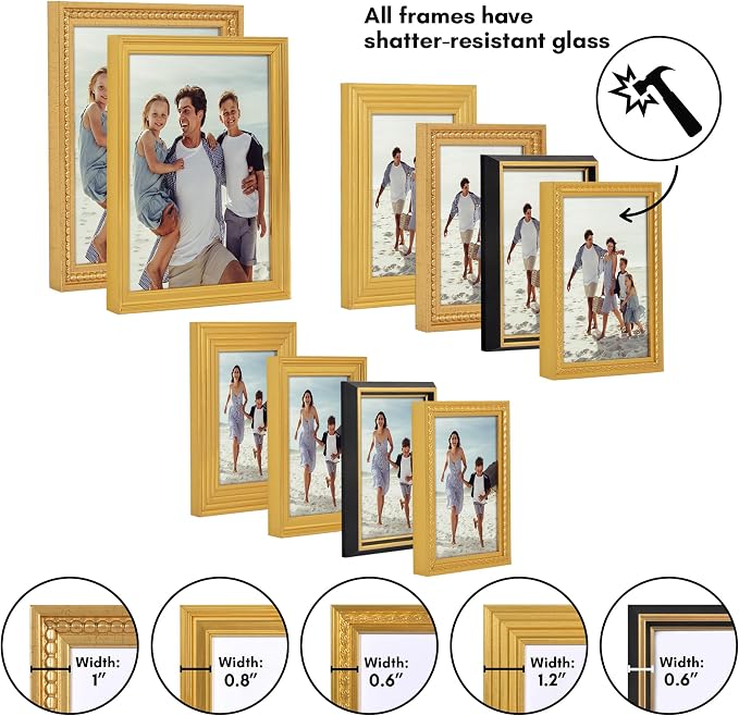 Americanflat Set of 10 Vintage Gold Frames with Polished Clear Glass - Gallery Wall Frame Set with Two 8x10, Four 5x7, and Four 4x6 Antique Frames for Tabletop or Wall Display