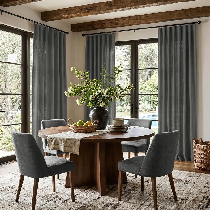 Grey Curtains for Living Room 96 Inches Long 2 Panels Back Tab Light Filtering Linen Semi Sheer Modern Farmhouse 8ft Curtain Drapes for Bedroom Home Office Ceiling to Floor Length Charcoal Dark Gray