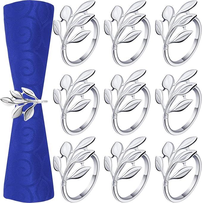 Hotop Set of 12 Fall Leaf Napkin Ring Silver Metal Holders for Table Decor | Elegant Leaf Shape Holders Bulk, Fall Festive Vintage Thanksgiving Christmas Wedding Bridal Dinner Table Party Decor Favors