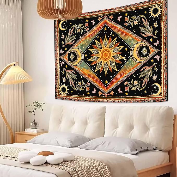 Accnicc Hippie Sun and Moon Tapestry Boho Mandala Floral Wall Tapestry for Bedroom Aesthetic Vintage Plant Celestial Colorful Small Tapestries Wall Hanging for Dorm Living Room Decor 48 x 36 Inch