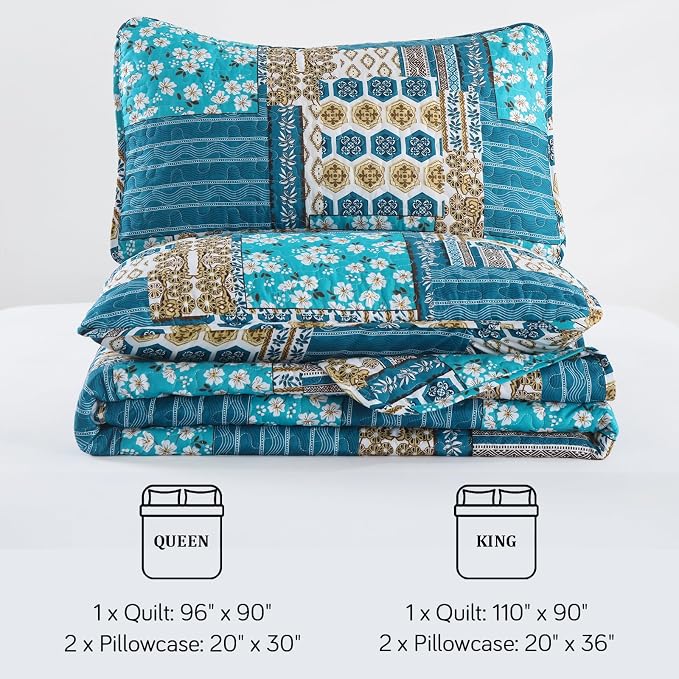 Mybedsoul Boho Quilts Queen Size, Floral Patchwork Bedding Set, Dusty Blue | Soft Lightweight Microfiber Coverlet Set, 3 Pieces Plaid Reversible Bedspread, Bed Sets for All Seasons 96"x90"