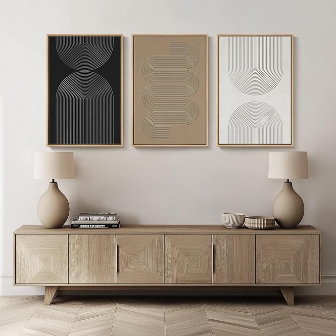 Framed Black and White Neutral Abstract Wall Art for Living Room, 3 Piece | Large Boho Canvas Prints, Minimalist Artwork for Walls, Geometric Pictures, Hallway Office Paintings Wall Decor 30x60 Inch