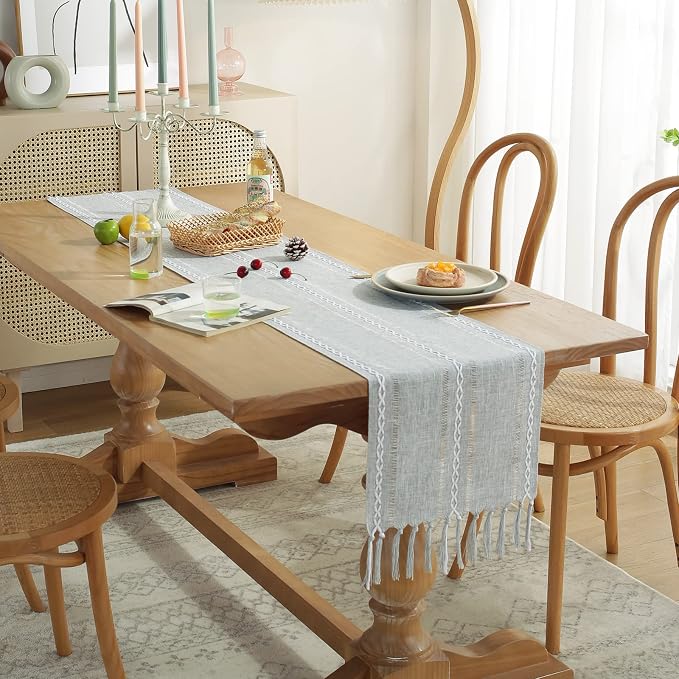 Wracra Rustic Linen Table Runner, Grey Table Runners 72 inches Long | Raised Embroidered Hollow Design and Hand-Tassels;Cotton Linen Woven Fabric; Farmhouse Table Runner;Home Dining Decor