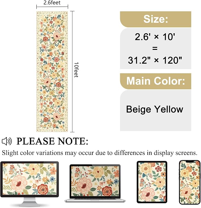 DUKINO 2.6x10 Hallway Runner Rug Washable Kitchen Rug Non Slip Beige Yellow | Soft, Low Pile, Floral Indoor Floor Rug Runner for Entryway, Bedroom, Bathroom, Laundry, Pet Friendly, Home Decor, Ultra-Thin