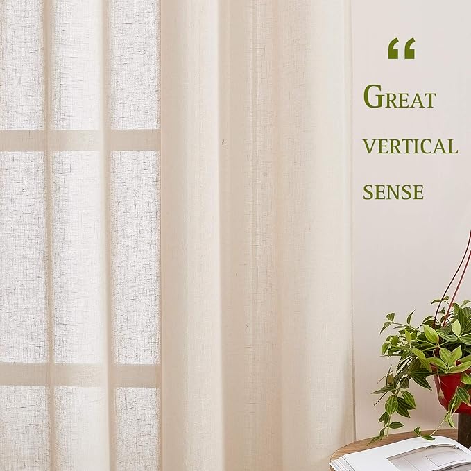 NICETOWN Natural Open Linen Weave Flax Sheer Window Curtains, Ring Top Translucent Textured Drapes Privacy with Light Through for Bedroom/Living Room, Beige, 52" Wide by 72" Long, 2 Pieces