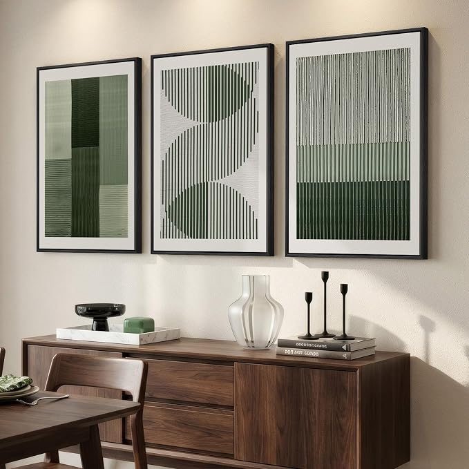 Large Framed Green Abstract Wall Art for Living Room, 3 Piece Modern Canvas Prints Paintings Artwork for Walls, Minimalist Sage Green Geometric Pictures Wall Decor for Hallway Dining Bedroom 24x36 In