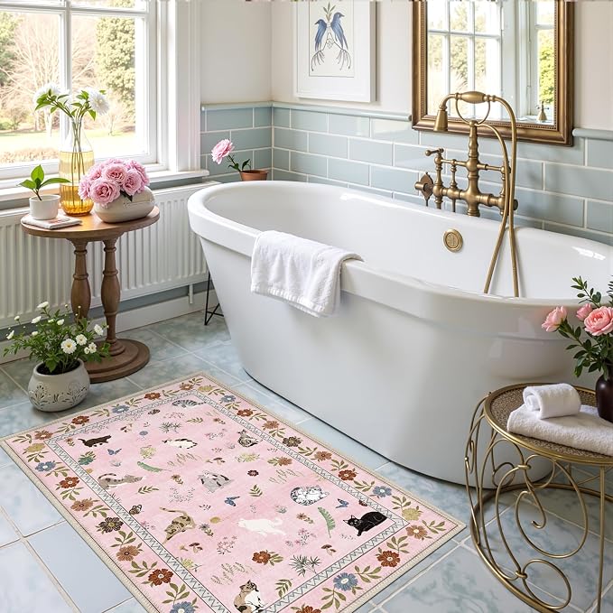 AIMPEAK Pink 2x3 Washable Door Mat - Non Slip Low Pile Cat Floral Boho Small Area Rug for Entryway, Kitchen, Front Door, Indoor Entrance, Kids Room Throw Rug Carpet, Pink Multi