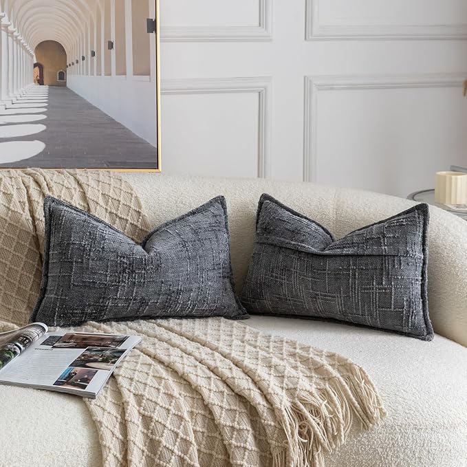 MADIZZ Pack of 2 Chenille Throw Pillow Covers 12x20 Inch Dark Grey Soft Neutral Decorative Throw Pillows for Couch Sofa Boho Accent Cushion Covers Modern Farmhouse Home Decor for Bedroom Living Room