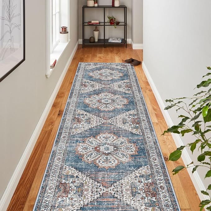 Washable Kitchen Runner Rug 2'6''x12' - Non-Slip Hallway Entryway Rugs with Rubber Backing Soft Thin Carpet for Bathroom Vintage Stain Resistant Indoor Home Decor Mat for Bedroom (Blue, 2'6'' x 12')