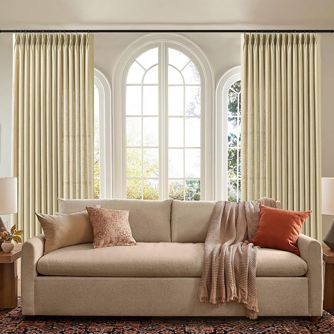 Extra Wide Pinch Pleated Sheer Linen Curtains Light Filtering, 60X102 | Living Room, Semi Sheer, Pinch Pleat, Linen Blend, Hook Rings, Non See Through, Privacy, Sliding Door, Grey Beige, 1 Panels
