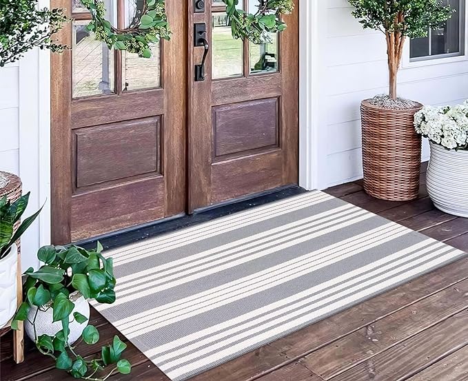 Grey and White Outdoor Rug 24"x51"Cotton Washable Striped Front Porch Rug | Hand-Woven Door Mat Outdoor For Entryway Combined With Hello Welcome Mat