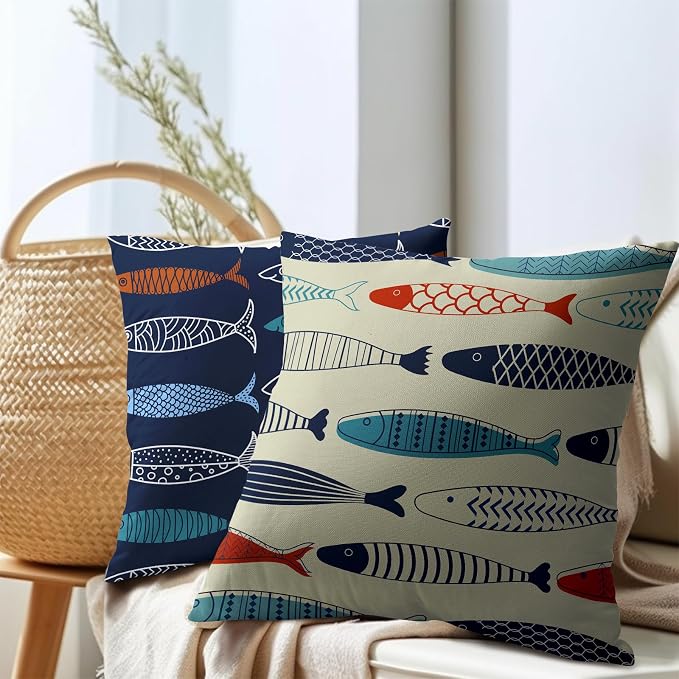 Fish Throw Pillow Covers Decorative Cotton Linen Pillowcases Colorful Fish Pillow Case Set of 2 Nautical Theme Square Cushion Covers for Sofa Bedroom Couch Home Outdoors