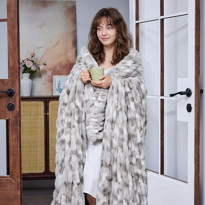 Lotus Karen Faux Fur Throw Blanket, 900 GSM Dual-Sided Soft Ruched Twin Blanket for Couch, Fluffy Cozy Fuzzy Plush Throw Gifts for Women Man Bedroom Living Room (Tie-Dye Dark Gray, 60"x80")
