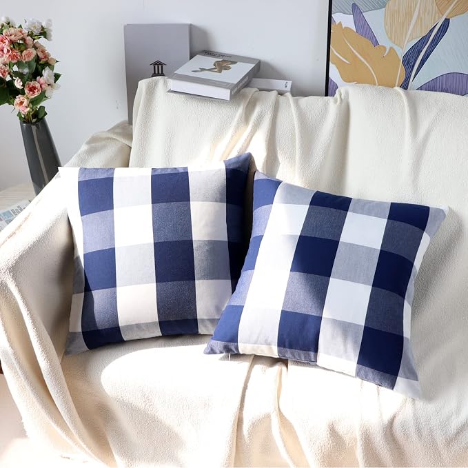 Buffalo Check Plaid Pillow Covers Decorative Outdoor Throw Pillow Covers 18 x 18 Farmhouse Throw Pillows for Couch Sofa Bed Home Pack of 2 Navy Blue