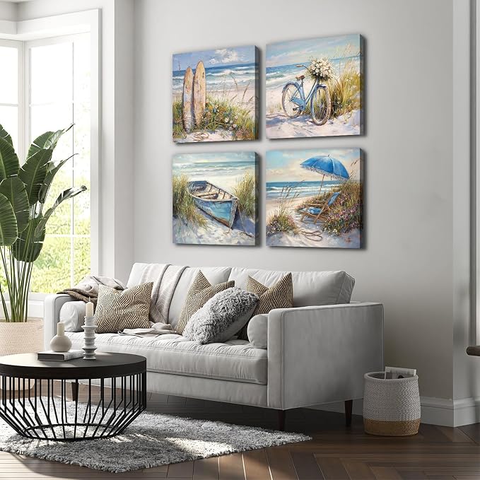 Rustic Coastal Wall Art Beach Picture Vintage Flowers Bicycle Wall Decor for Bathroom Bedroom Nautical Theme Seascape Floral Prints Boat Still Life Poster Artwork Living Room Home Decoration 20x20" 4p